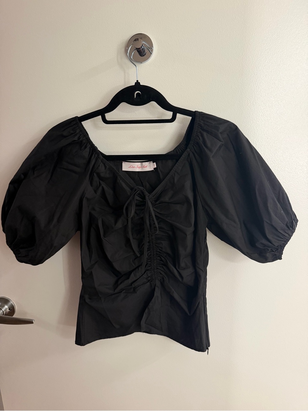 Lisa Says Gah Black Puff-Sleeve Ruched Tie Top